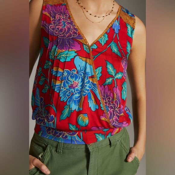 Anthropologie Tiny Red Floral V-Neck Wrap Blouse - Picture 1 of 4